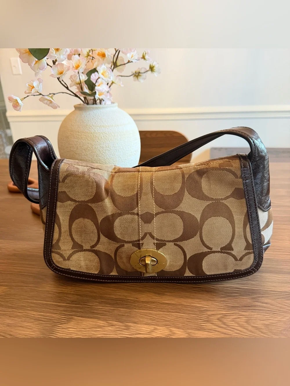 Coach Brown Signature Canvas Shoulder Bag with Gold-Tone Turnlock